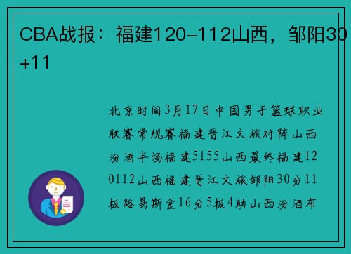 CBA战报：福建120-112山西，邹阳30+11